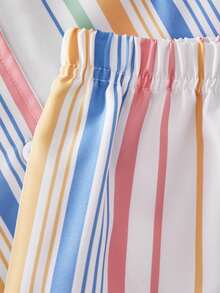 SHEIN Casuvi Kids 2pcs Set - Collared Short Sleeve Striped Shirt With Colorful Prints, Paired With Loose Shorts, Suitable For Casual Daily Wear In Spring/Summer - Multicolor - View 6