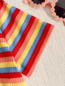 SHEIN Young Girl Casual Colorful Striped Ruffle Hem Dress, Summer - Red - View 10