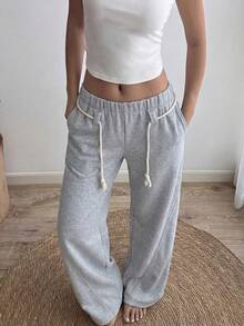 Flirla 女士灰色筒状裤腿褶裥抽绳斜插口袋运动裤，低腰，秋冬时尚，适合教师、学生、毕业典礼、休闲、街头风、日常穿着，简约百搭 - 灰色 - 查看 1