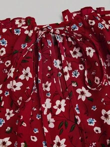 SHEIN CURVE+ 大码女士镂空领开衩连衣裙，优雅复古碎花图案，适合春夏度假和海滩穿着 - 酒紅色 - 查看 8