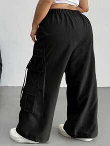 SHEIN CURVE+ 大码女式休闲通勤黑色工装裤 - 黑色 - 查看 2
