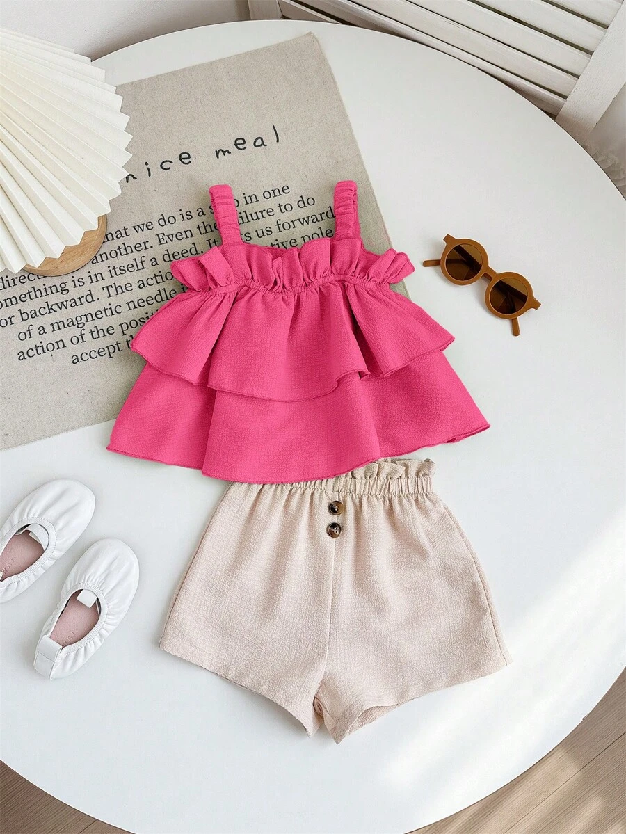 女宝宝可爱夏季度假荷叶边吊带上衣和短裤套装 - 彩色 - 查看 1