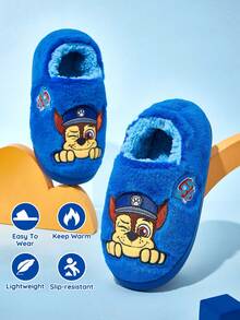 SHEIN | PAW Patrol 可爱刺绣追逐卡通追逐蓝色男童儿童防滑室内松紧带拖鞋幼儿和儿童柔软毛绒保暖家居鞋，轻便耐用的 EVA 鞋底，男女通用女孩居家卧室空调房，春秋冬季，狗狗 - 藍色 - 查看 2