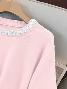 GlowEve CURVE Plus Size Elegant Pearl Embellished Crew Neck Long Sleeve Sweater - Pink - View 4