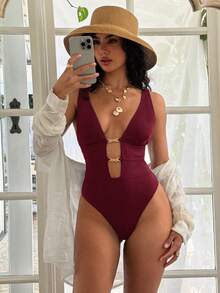 Swim Glamine 1pc Women's Solid Color Hollow Out Sexy One-Piece Swimsuit, Vacation - Burgundy - View 5