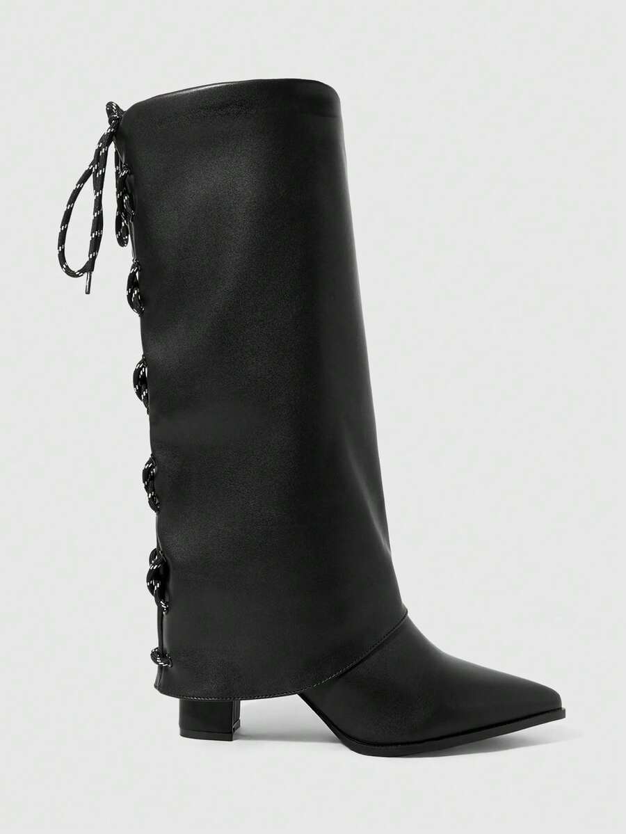 ROMWE Grunge Punk Women's Pointed Toe Lace-Up Design Fashionable Versatile High Heel Knee-High Boots - Black - View 1