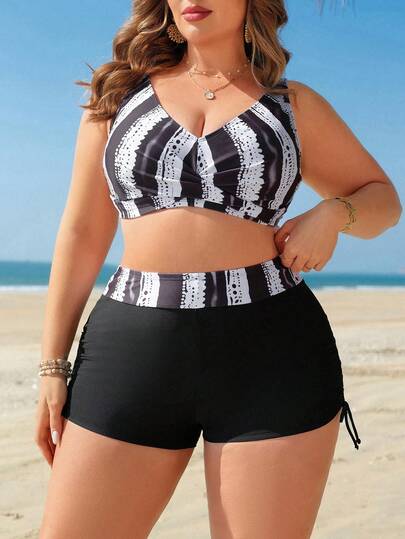 Swim Lushoire Plus Size Women's 2pcs Printed Crisscross Front Spaghetti Strap Tank Top And Shorts Beach Outfit