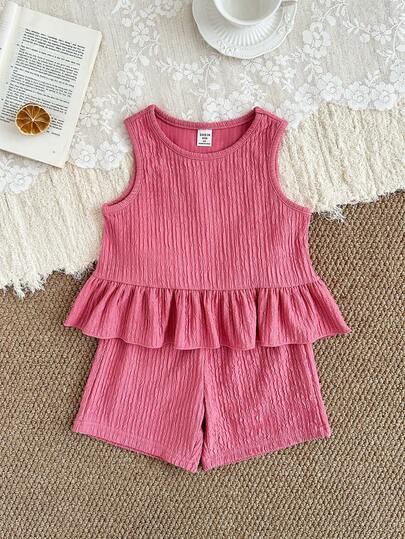 SHEIN 两件套女童褶皱纹理纯色圆领无袖上衣+宽松短裤套装，荷叶边下摆设计，休闲可爱