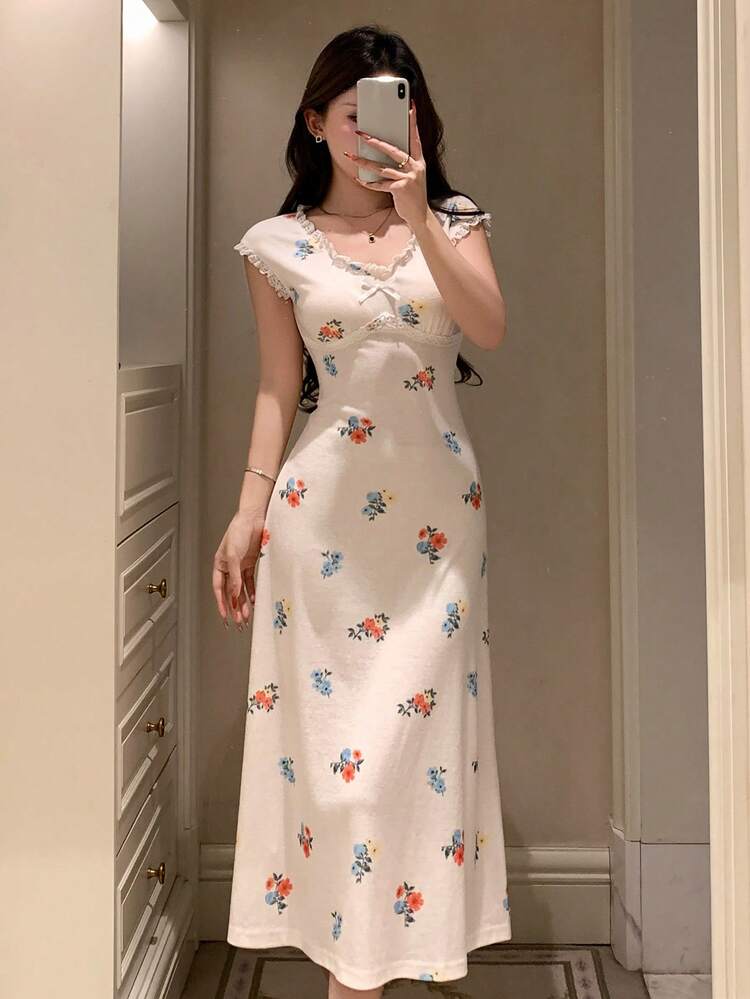 White Ditsy Floral V-Neck Ruffle Trim Waist Cinched Long Women Nightgown