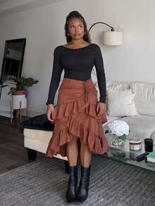 Tyla Gomez 女士棕色高低下摆裙子、抽绳荷叶边分层裙、派对裙、波西米亚风裙、午餐裙 - 鏽棕色 - 查看 4