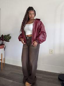 Tyla Gomez Casual Off-Shoulder Zipped PU Leather Coat In Fall/Winter - Burgundy - View 3