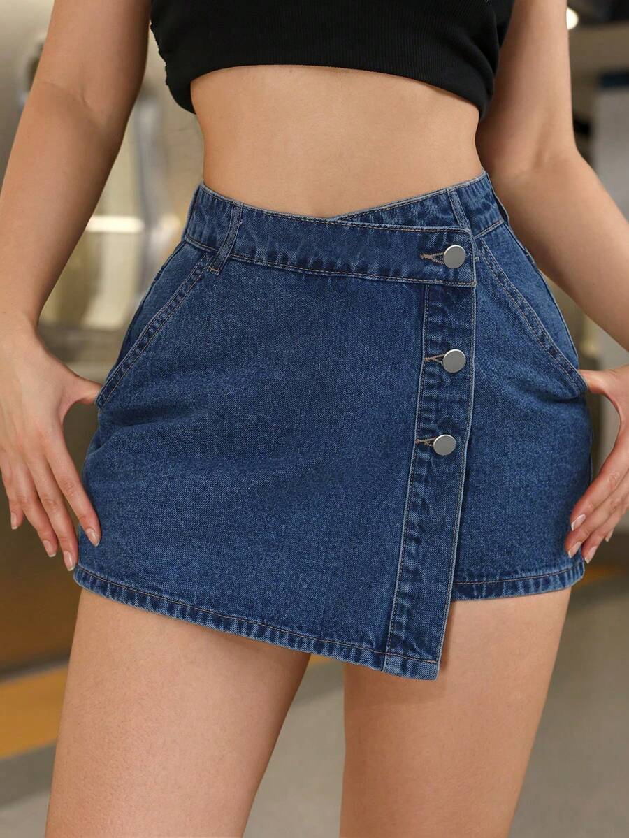 SHEIN ICON Plus Size Women's Asymmetric Sexy Denim Skirt Pants, Spring Outfits - Dark Wash - View 1