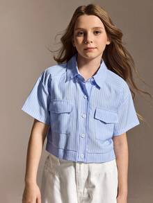 SHEIN Tween Girls' Casual School Style Blue & White Striped Pocket Cropped Shirt, Versatile For School And Daily Wear - Blue - View 5