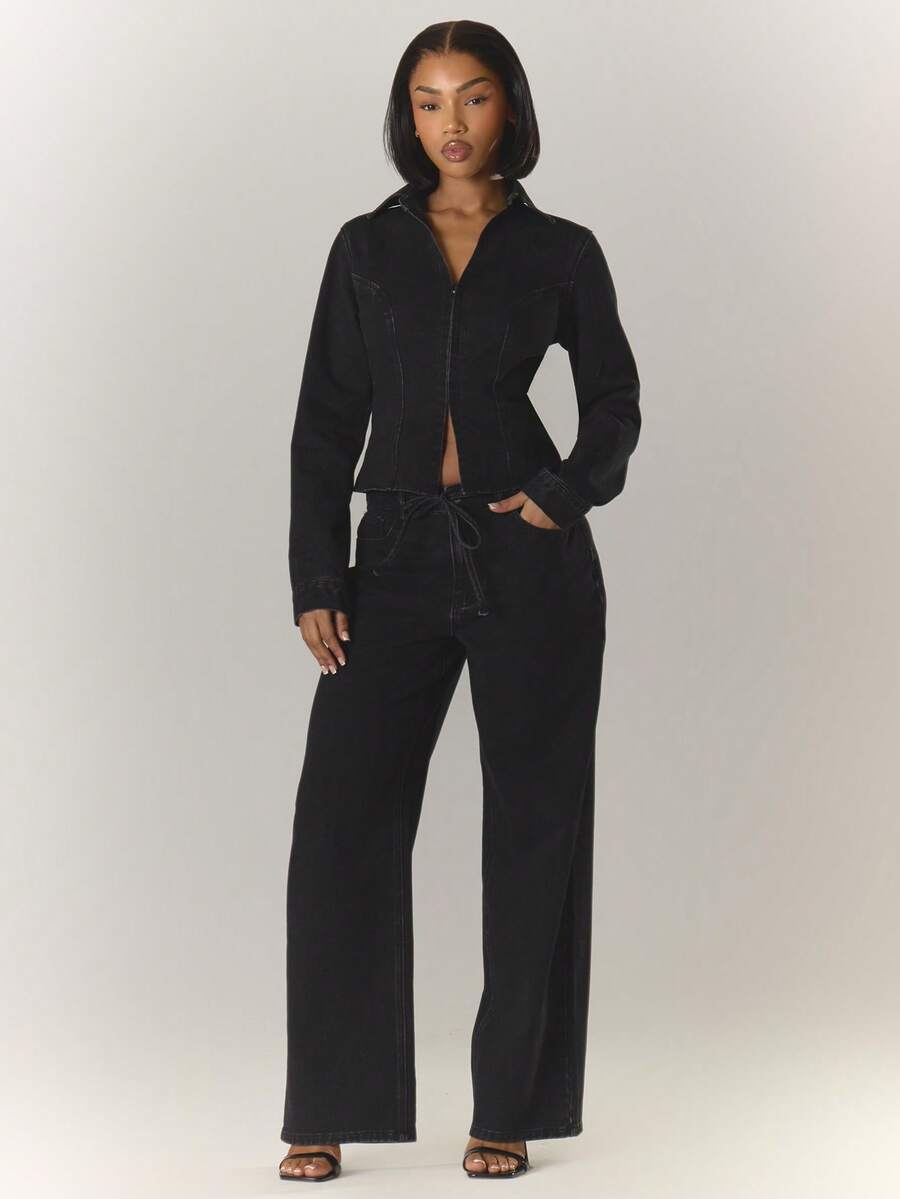 MUSERA Contrast Stitch Wide Leg Washed Tie Waist Denim Jeans Streetwear Cute Classy Casual Sexy Going Out Toffee Chic - Black - View 1