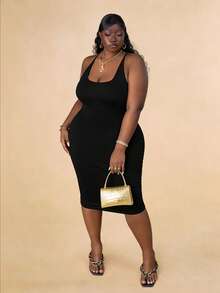 CurvyTilda Plus Criss Cross Backless Ruched Bodycon Dress, For Hourglass Body Shape, For Body Shape, For Summer - Black - View 1
