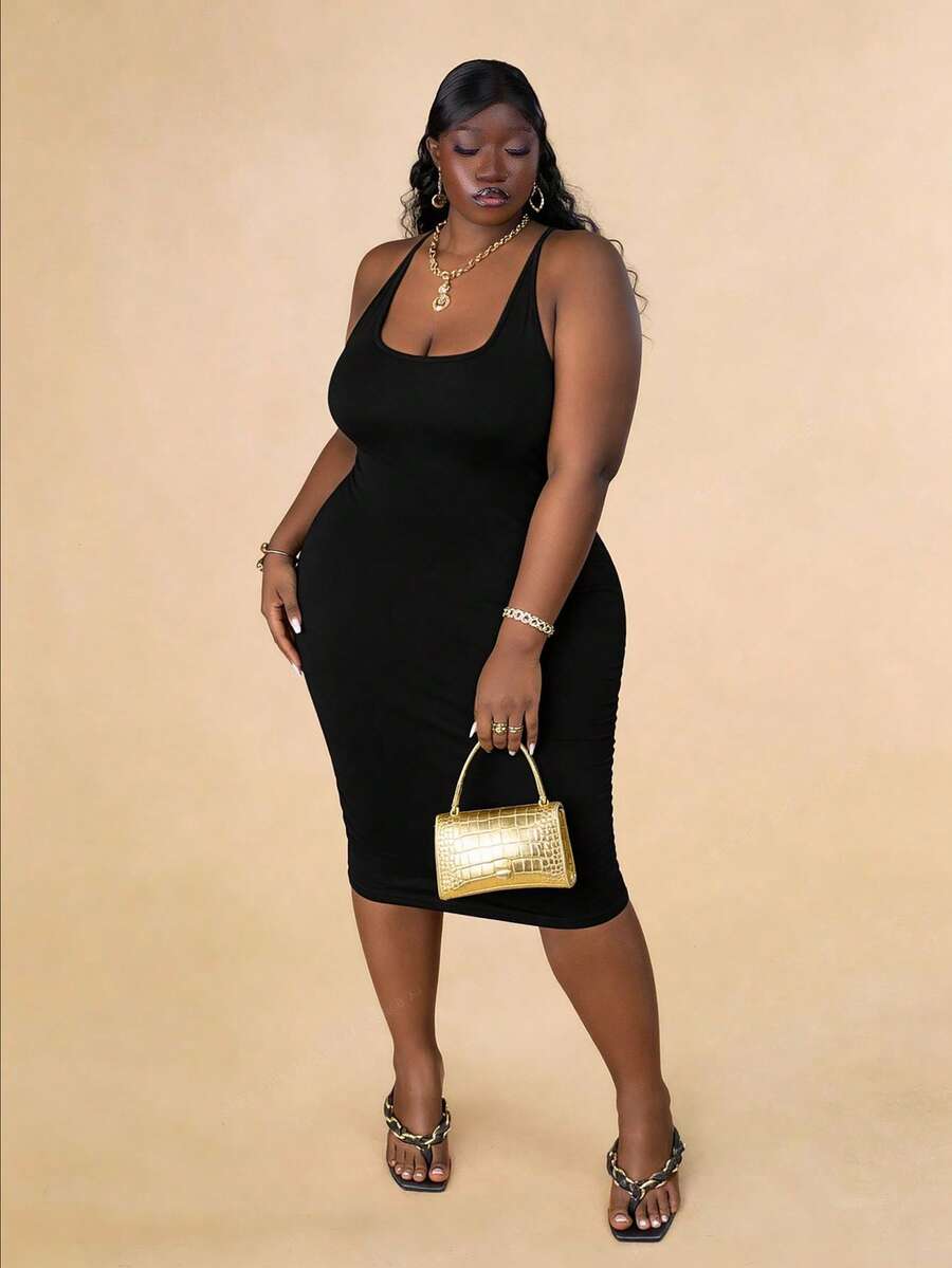 CurvyTilda Plus Criss Cross Backless Ruched Bodycon Dress, For Hourglass Body Shape, For Body Shape, For Summer - Black - View 1