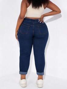 CurvyTilda Plus Drawstring Waist Roll Up Hem Skinny Jeans - Dark Wash - View 2