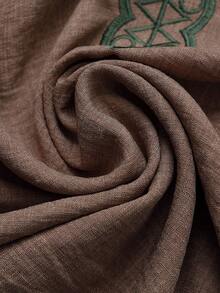 Balvessa 女士刺绣亚麻质感V领七分袖衬衫 - 卡其色 - 查看 4