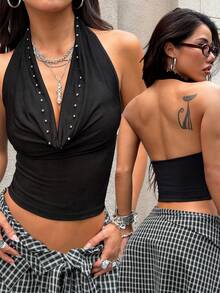 Muchica 1pc Women's Black Knit Halter Neck Tank Top - Black - View 3