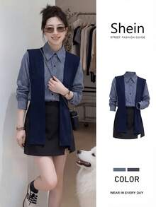 Almamuse Women's Fashionable Plaid Long Sleeve Shirt + Shawl Collar Cardigan Paired With Versatile Split Hem Shorts Skirt 2 Pieces Set, Stylish Autumn Outfit - Multicolor - View 5