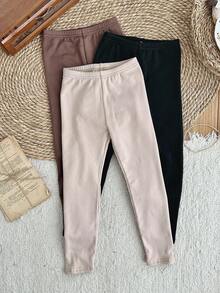LMoss Kids Conjunto de 3 Peças de Leggings Casuais Ajustadas de Cor Sólida Young Girl LMoss, Leggings, Calças Leggings Chiques para Outono/Inverno, Inverno, Leggings, Calças de Inverno, Leggings Quentes para o Outono - Multicolorido - Visão 5