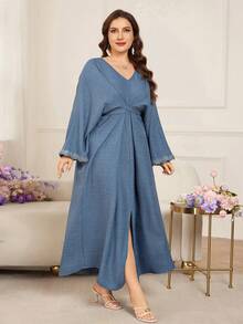 Al Najma Blue V-Neck Bat Wing Tie Waist Flattering Dress - Blue - View 7