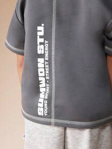 SUMWON Boys Short Sleeve Crew Neck T-Shirt And Drawstring Jogger Set With Contrast Stitching And Brand Print Casual Vacation - Dark Grey - View 6