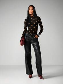 MISSGUIDED Mesh Polka Dot Long Sleeve Top With Round Neckline Fall Winter Layering Piece Fitted Blouse - Brown - View 3