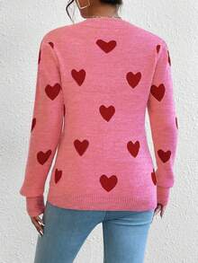 EMERY ROSE Heart Jacquard Crew Neck Casual Long Sleeve Women Sweater, Suitable For Autumn/Winter - Watermelon Pink - View 2