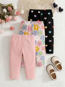 SHEIN 3pcs/Set Infant/Baby GirlCasual Heart, Floral, Solid Color Elastic Waist Leggings, Suitable For Spring, Summer, Autumn, Winter, 6M-3Y Baby Trousers Baby Girl Leggings Baby Girl Pants Sets Babygirl Pants - Multicolor - View 1