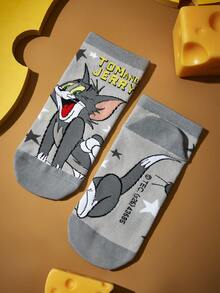 TOM & JERRY X SHEIN 2Pairs Soft & Breathable Moisture-Wicking Casual Women Ankle Socks Fashionable Cute Cartoon Grey & Yellow Short Socks Reinforced Toe & Heel For Durabiliy Unisex Men All Season All-Match Summer Winter,Graphics Socks - Multicolor - View 7