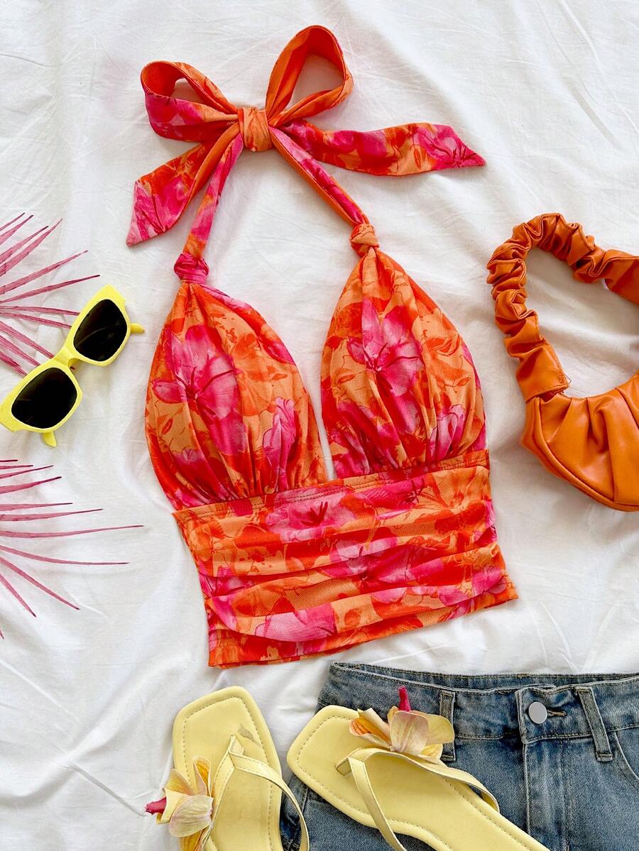 Soleia Women's Vacation Knitted Mesh Retro Brown Leopard Print Halter V-Neck Tie Bow Mesh Ruched Romantic Camisole, Suitable For Dates, Valentine's Day, Sexy, Parties, Beach Cruises, Easter, Carnival, Afternoon Tea - Multicolor - View 1