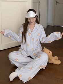 DAZY Bear Print Loose Women Pajama Set - Light Grey - View 5