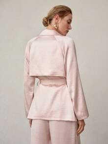 MOTF PREMIUM SATIN SOLID LAPEL COLLAR DOUBLE BREASTED PLACKET ROLL TAB SLEEVE BUCKLE BELTED COAT - Pink - View 6