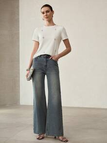 MOTF PREMIUM WOMEN'S RHINESTONE EMBELLISHED ROUND NECK SHORT SLEEVE T-SHIRT - White - View 5