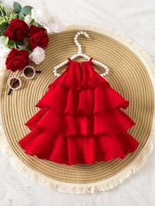 SHEIN 新生儿夏季可爱红色优雅欧根纱连衣裙 - 紅色 - 查看 5