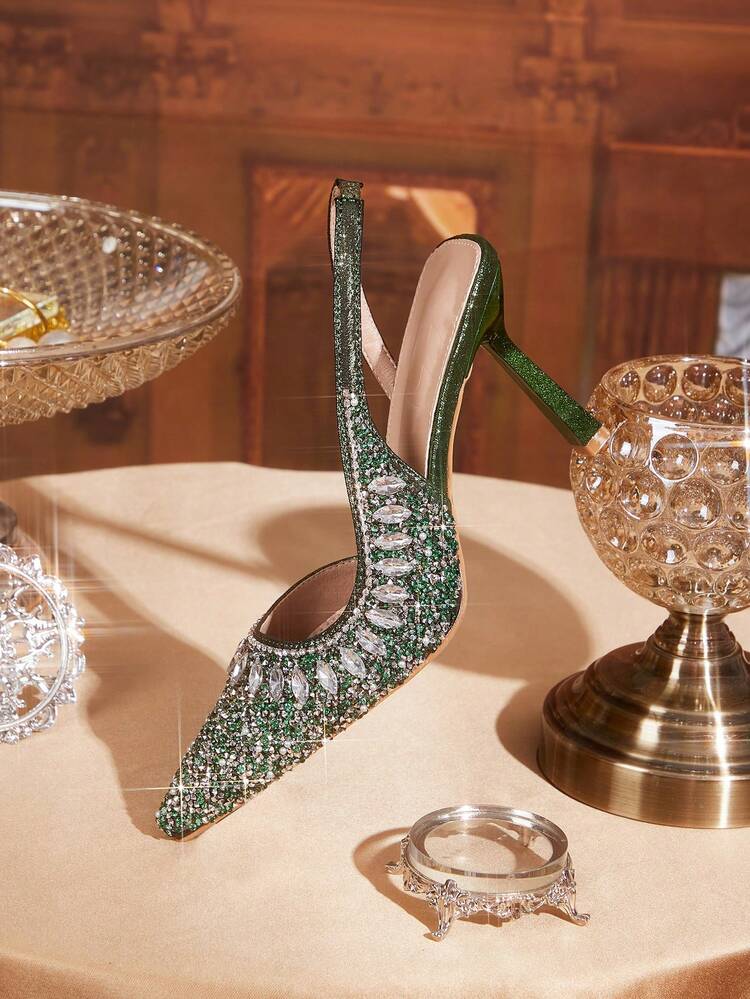 CUCCOO TILAWA Women Shoes Pointed Thin High Heel Dark Green Rhinestone Gorgeous Fashion Party Banquet Wedding Ladies High Heel Shoes Slingback Women's Shoes