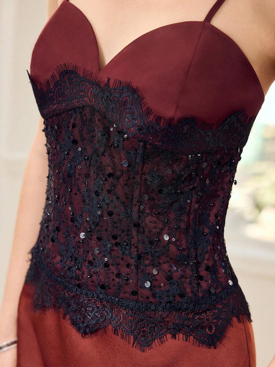 MOTF PREMIUM WOMEN'S FASHIONABLE LACE PATCHWORK CAMISOLE TOP - Burgundy - View 2