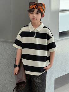 DAZY Tween Boy Casual Striped Quarter Button Short Sleeve T-Shirt, Summer - Black and White - View 6