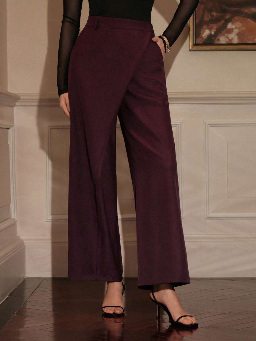 Modelyn Women's Elegant Solid Color Wrap Around Pants, Suitable For Commuting - Brown - View 1