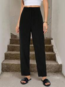 SHEIN PETITE Women's Solid Color Pants, Teacher Formal Trousers, Suitable For Daily Wear, Office Commute,Fall Black Slacks Women - Black - View 2