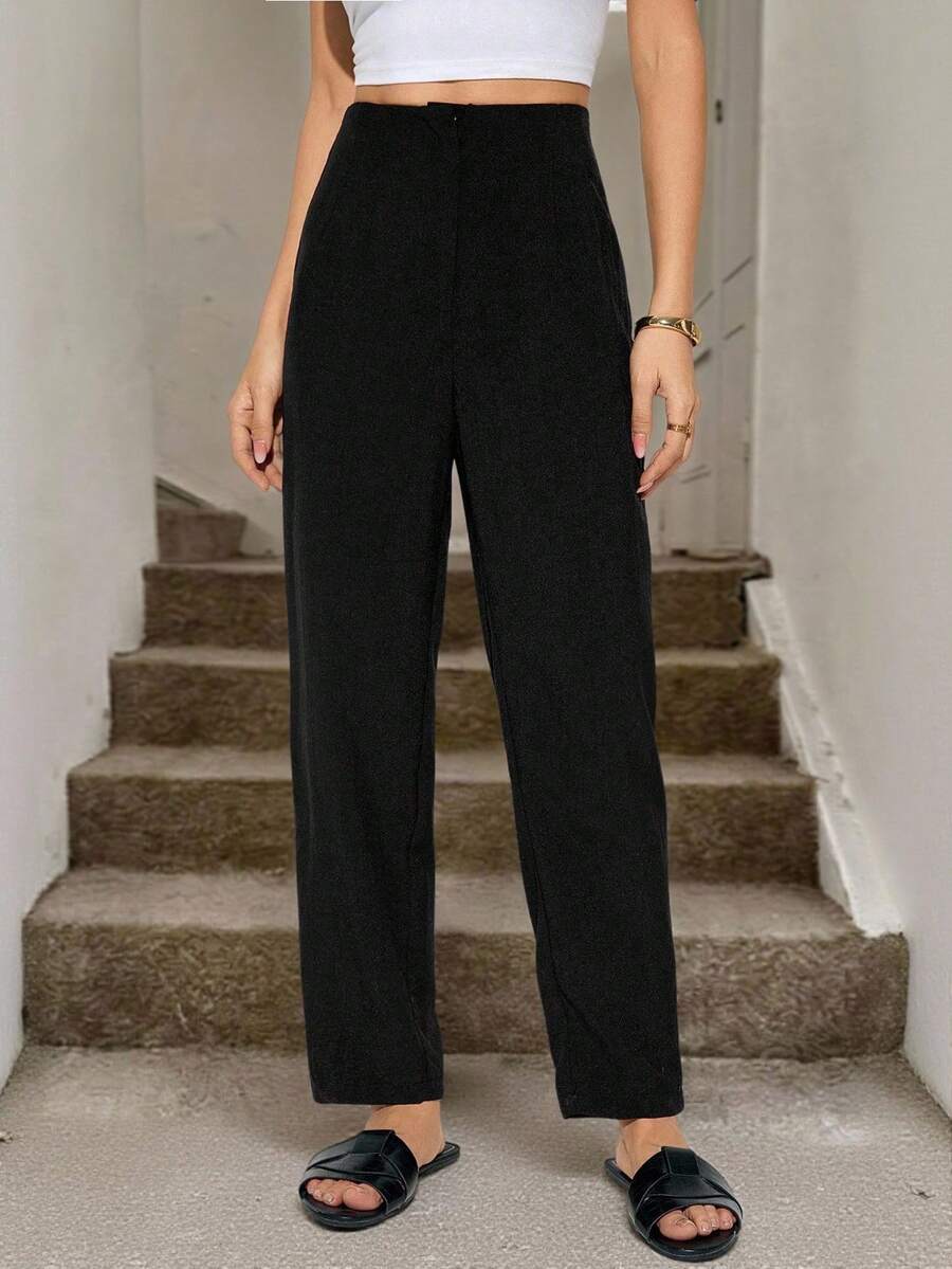 SHEIN PETITE Women's Solid Color Pants, Teacher Formal Trousers, Suitable For Daily Wear, Office Commute,Fall Black Slacks Women
