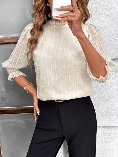 SHEIN Clasi Women's Elegant Apricot Cutout Textured Fabric Collar Splice Ruffle Trim Fitted Blouse, Summer