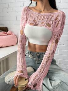 SHEIN EZwear Women's Distressed Pink Boat Neck Sexy Long Sleeve Pullover Sweater, Suitable For Valentine's Day Date Wear, Spring/Summer - Pink - View 6