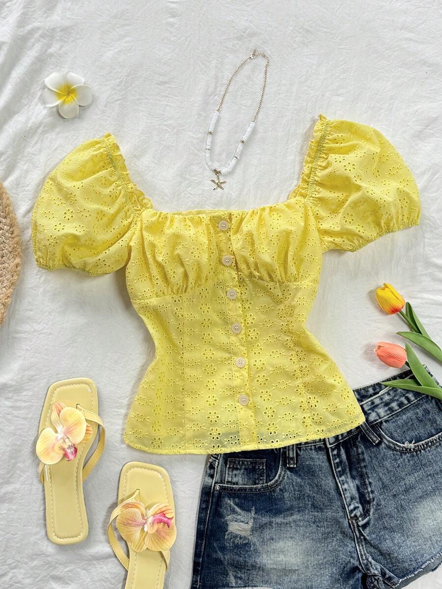 Flirla Women's Yellow Hollow Embroidered Square Collar Puff Sleeve Cinched Waist Button-Up Shirt,Sweet Boho Casual Summer Holiday Picnic Beach Short Top - Yellow - View 1