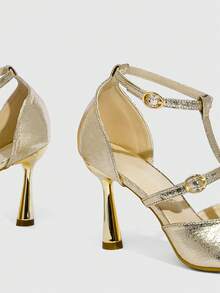 CUCCOO SZL 女士新款褶皱漆皮镂空露趾高跟凉鞋，金色 - 金色 - 查看 5