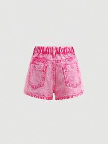 SHEIN Tween Girl Pink Summer Streetwear City Break Y2k Vintage Cut Out Ripped Frayed Short Denim Skirt Pants,Fashion Homecoming Festival Rave Denim Shorts - Pink - View 7