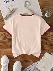 THE POWERPUFF GIRLS X SHEIN 少女休闲撞色滚边卡通图案圆领短袖T恤，夏季 - 白色 - 查看 2