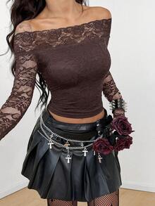 Coolane Women's Lace Off Shoulder Long Sleeve Cropped Fitted Fashion T-Shirt - Coffee Brown - View 1