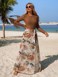 Swim Mulvari 三件套女士纯色布基尼套装：长袖上衣、长裤和随机印花长裙，中东风格泳装，夏季 - 彩色 - 查看 3